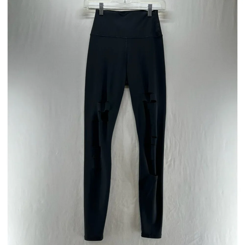 Alo Yoga Ripped Warrior Leggings XS High Rise Stretch Activewear Cut Out Black - Picture 3 of 12